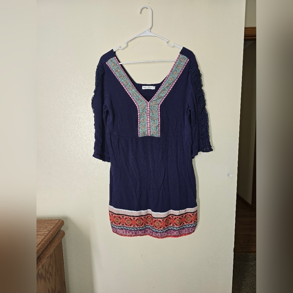 White Mark Blue Flutter Sleeve Mini Dress